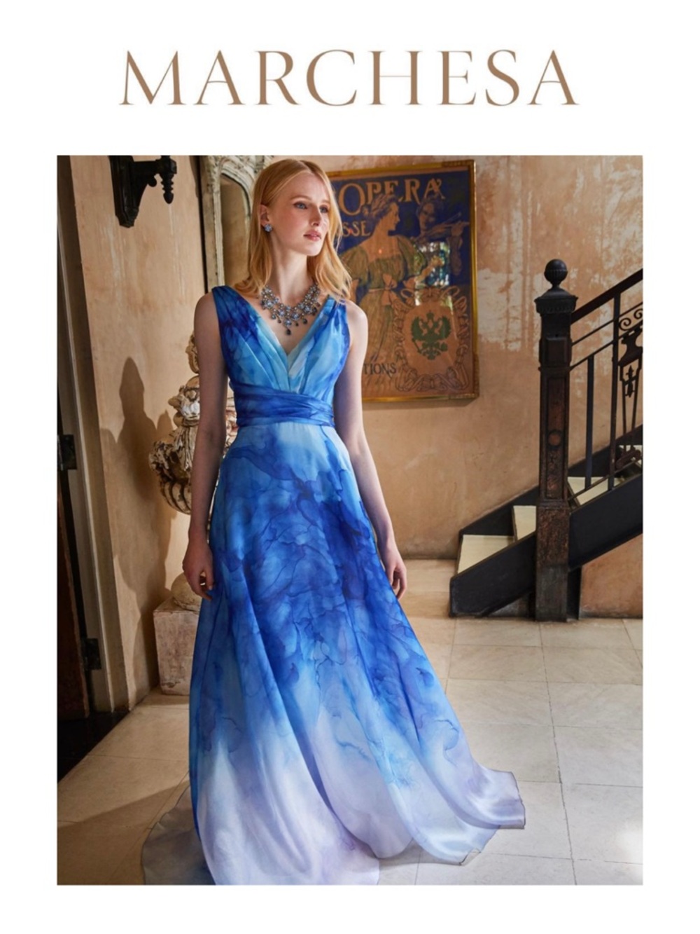 MARCHESA NOTTE V-Neck Printed Organza Gown
